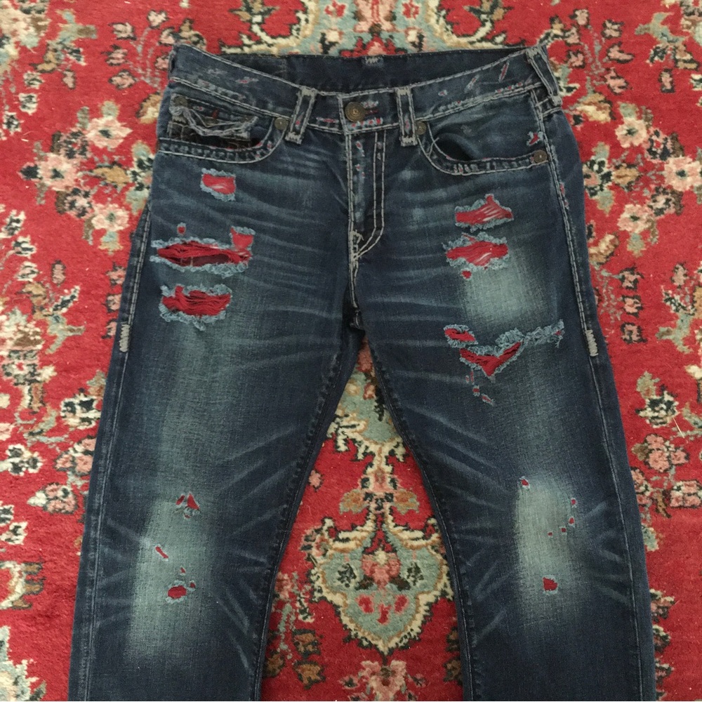 True Religion Ricky Flap Destroyed Jeans 34/32 TRENDING RED DESTROYED AR…
